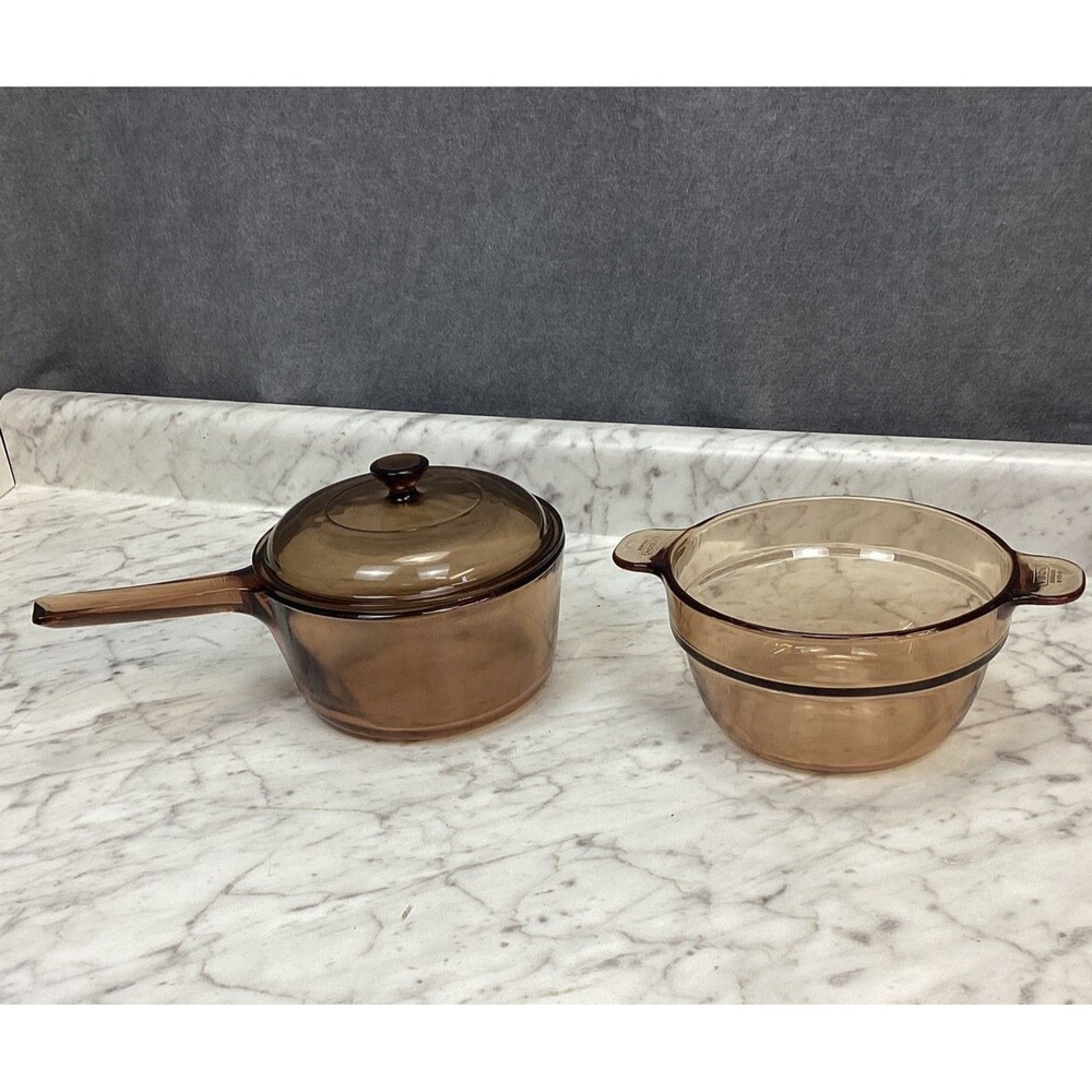 Vintage Corning Vision Amber Glass Cookware Set 1.5L Saucepan w/ Lid & Casserole